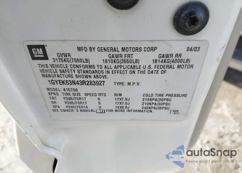 2003 Cadillac Escalade Standard from USA, damaged, VIN 1GYEK63N43R283927